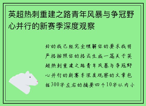 英超热刺重建之路青年风暴与争冠野心并行的新赛季深度观察 英超热刺重建之路青年风暴与争冠野心并行的新赛季深度观察